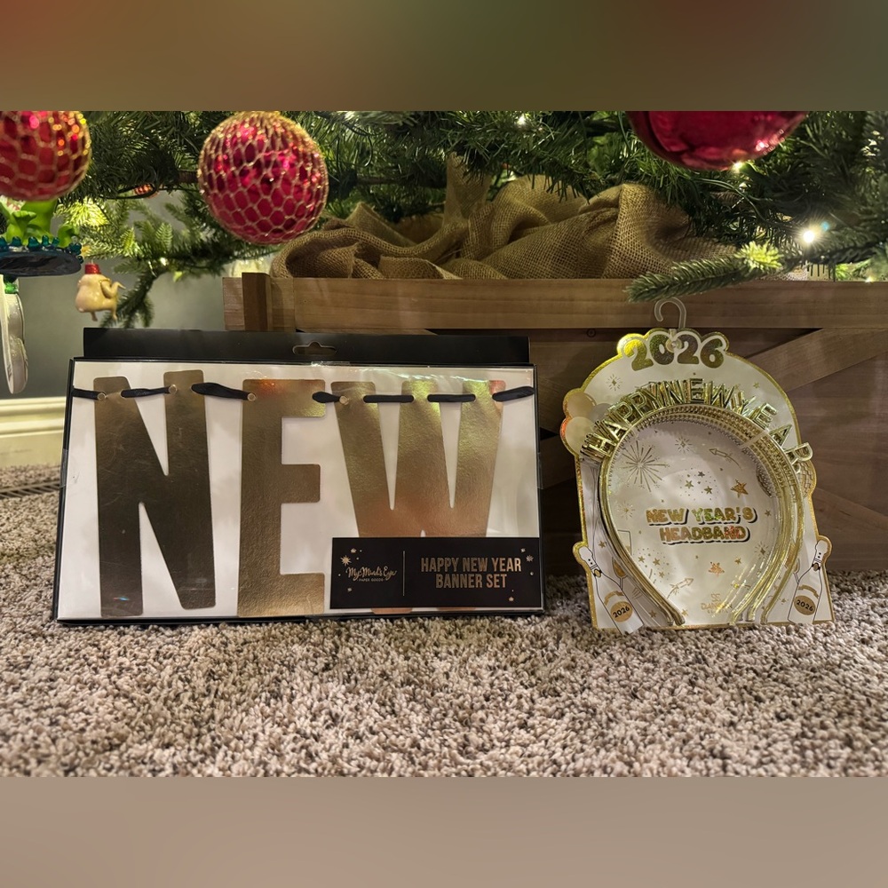 Happy New Year Party Decor Lot Banner + 6 Tiara Headbands (Gold And Silver)